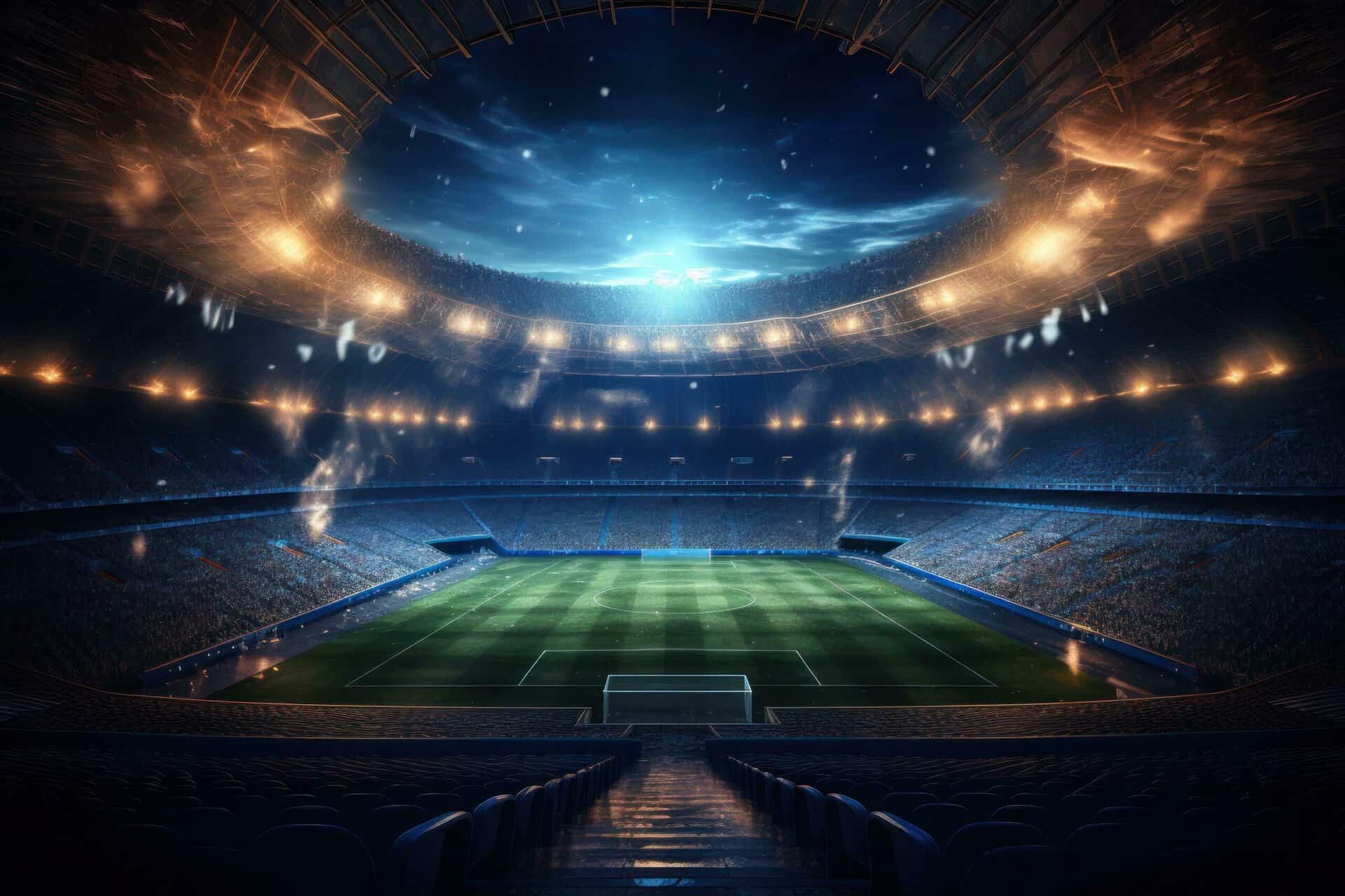 A large, illuminated soccer stadium at night, seen from the stands, with an open roof and dramatic lighting effects.