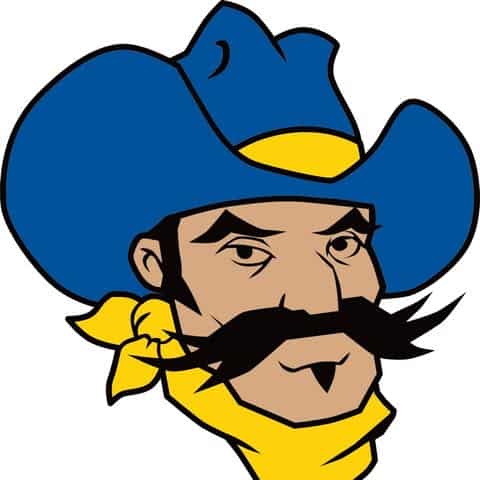 cartoon drawing of a man with a large blue cowboy hat, yellow bandana, black mustache, and goatee, facing forward—his confident stance reminiscent of a lowry character who’s just as ready for encompass soccer as he is for the wild west.