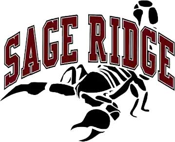 the image shows the words “sage ridge” in maroon above a black scorpion graphic on a white background, representing the school’s pride—perfect for commemorating a thrilling sage ridge soccer match.